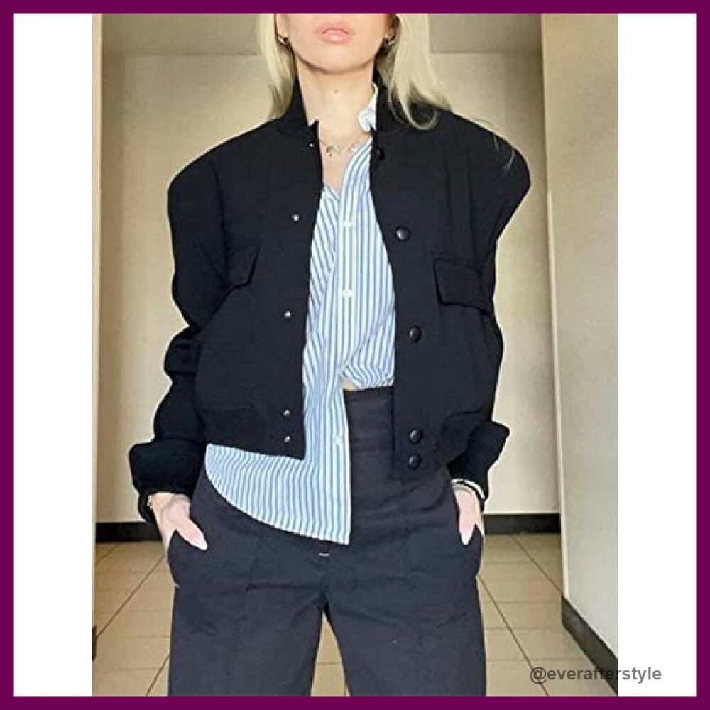 Cropped Bomber Jacket Lightweight Button Down Var… - image 7